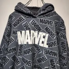 MARVEL　総柄　フーディ　パーカー　M　ビッグロゴ　アメコミ　ブラック　古着