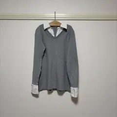 otto シャツ ドッキング 重ね着風 カットソー M ホワイト×グレー