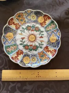 【桃】大聖寺九谷色絵団龍窓絵花図桔梗形皿 古伊万里 大聖寺伊万里 染錦三方龍仙人菊花型鉢 三ツ鉢揃い 黄仁覧図