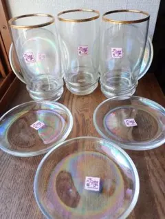 カメイガラス 志摩 グラス 3客&皿5枚レトロ