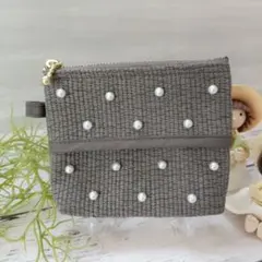 ハンドメイド　ティッシュポーチ　パール　ヌビ　韓国　イブル　チャコールグレー