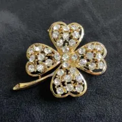 【12】四つ葉のクローバーのブローチ　ラインストーン　レトロ　ヴィンテージ