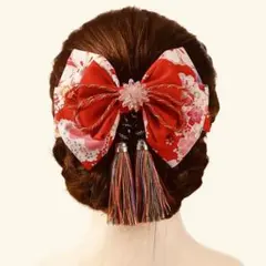 赤い花柄リボン髪飾り 成人式 卒業式 入学式 パーティー 和装 着物用髪飾り