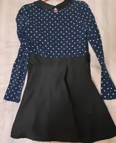 青と黒のドット柄長袖ワンピース