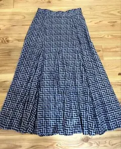 アンタイトル　フレアロングスカート ブルー×黒のチェック柄