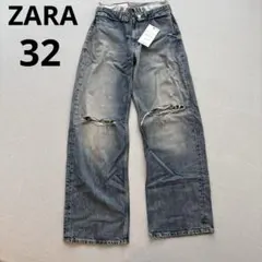 ZARA TRF 折り返しウエストミッドライズデニムパンツ 32のサムネイル
