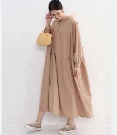 ロングワンピース フード ポケット 長袖 膝下 無地 シンプル ブラウン系　F