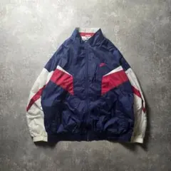 90sNIKEナイキナイロンジャケット白タグビッグスウッシュ紺色刺繍ロゴ2XL