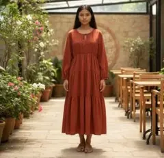 ◆Radiate◆シフォン ティアードワンピース 長袖 ロング フレア 赤茶 F