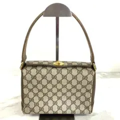 #オールド グッチ GGスプリーム PVC レザー ハンドバッグベージュブラウン