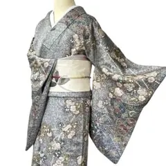 A163愛華 着物 訪問着小紋絞り　袷　グレー　辻ヶ花　正絹　フォーマル　美品