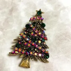 クリスマスツリー　ブローチ　プレゼント　北欧　ラインストーン　アンティーク調