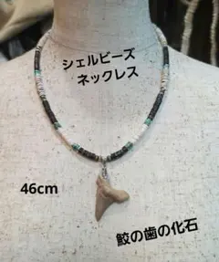 ※MD-38サメの歯の化石ペンダントシェルビーズネックレス！約46cmのサムネイル