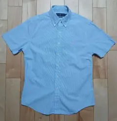 ​【美品】ラルフローレン 半袖シャツ ギンガムチェック ブルー M相当 刺繍ロゴ