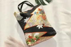 和風花柄手提げバッグ　帯リメイク