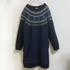 ビームスハート　ワンピース　ニット　スウェット　裏起毛　雪模様　ネイビー