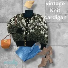 ヴィンテージ ニットカーディガン ゴールドオリーブグリーン古着