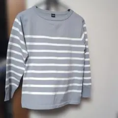 無地 グレー・ホワイト ストライプ 長袖カットソー Lサイズ