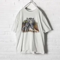 アニマルプリント　ホワイトタイガー　虎　Tシャツ　半袖　古着　Lサイズ