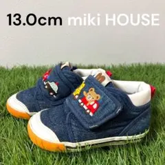 ミキハウス ブルー デニム 13cm キッズスニーカー 乗り物刺繍 運動靴 刺繍