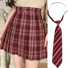 赤系ネクタイ+プリーツスカート 2点セット 制服コスプレ