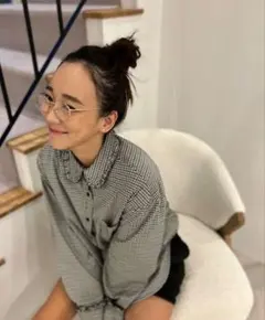 メローフリルチェックシャツ　ブルー