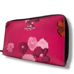コーチ　花柄　レザー　ラウンド　ジップ　財布