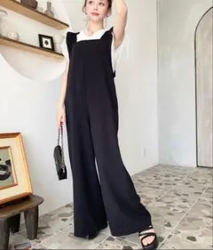 少し訳あり　moment＋ カットジョーゼットショルダーフリルオールインワン　L