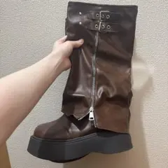 ブラウン 厚底ロングブーツ ジッパー付き