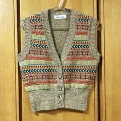 エスニック柄 ニットベスト カーディガン風