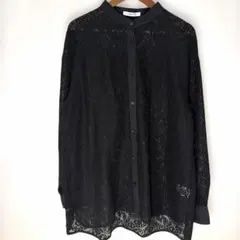 美品【CHRISTIAN AUJARD】黒スタンドカラー長袖ロング丈ブラウスL 