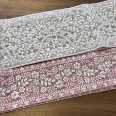 インド刺繍リボン　1m 花柄　ハンドメイド　ピンク　チュール　太め