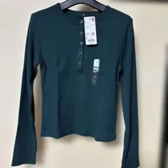 UNIQLO リブヘンリーネックT ダークグリーン Sサイズ