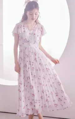 パール付きチェリー×リボンプリントネックリボンプリーツワンピース　ピンク