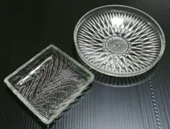 平皿　小皿　角皿　ガラス食器　カッティング　オードブル　そうめん　昭和レトロ