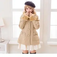 袖口ファー リボンポケット フード付き ショート コート キャメル