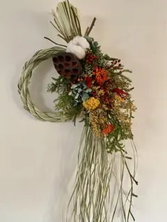 大きなしめ飾り　グラスリースのしめ縄　ミモザ　正月飾り　ナチュラルスワッグ