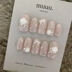 【現品】ネイルチップ/韓国/量産型/ワンホンネイル/ピンク/リボン