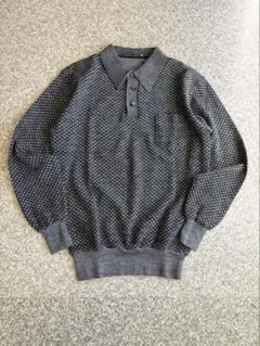 80s 90s 古着 グレー ニットポロシャツ 3つボタン 長袖