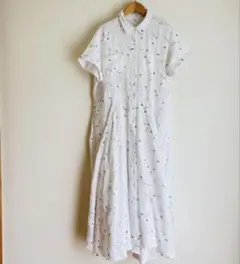CANDY 小花柄 刺繍 シャツワンピース ホワイト ロング丈 フレア
