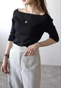 リブニット スクエアネック 五分袖 トップス　ボンジュールサガン