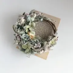 №649ドライフラワーくすみブルー リース 三日月リース ハーフリース