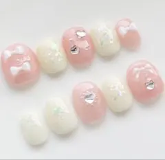 ネイルチップ 春 ピンク 量産型ネイル ゆめかわ リボン ハート サイズオーダー
