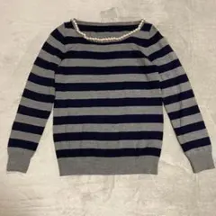 【グリーンレーベルリラクシング】パール付きセーター　ネイビー×グレーサイズ38★