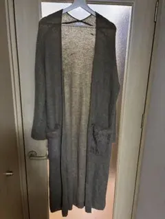 リブ編みロングカーディガン ファー付きポケット