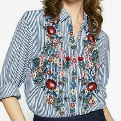 即日発送　花柄刺繍ストライプシャツ ZARA好き　M
