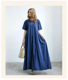 ネイビー 半袖 ロングワンピース フレア マキシワンピース