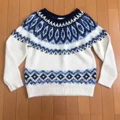 長袖　セーター　ニット　アーガイル　幾何学　抽象柄　ホワイト　ブルー　M 白　青