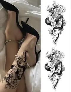 タトゥーシール 龍 花 ブラック 大きめ　インパクト　セクシー　蛇と花柄のサムネイル