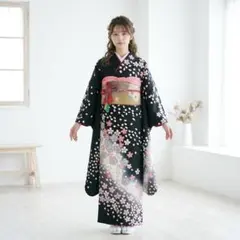 白地に黒 正絹振袖全て揃ったフルセット 身長150-160 草履バッグ